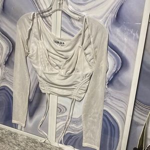 I am Gia white off shoulder sheer long sleeve corset scrunch stretchy tank top